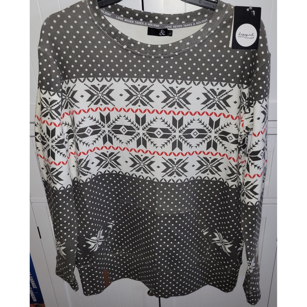 Ampersand Ave Snowflake Fair Isle Crewneck Sweatshirt‎ Gray White XL